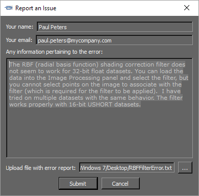 Report an Issue dialog