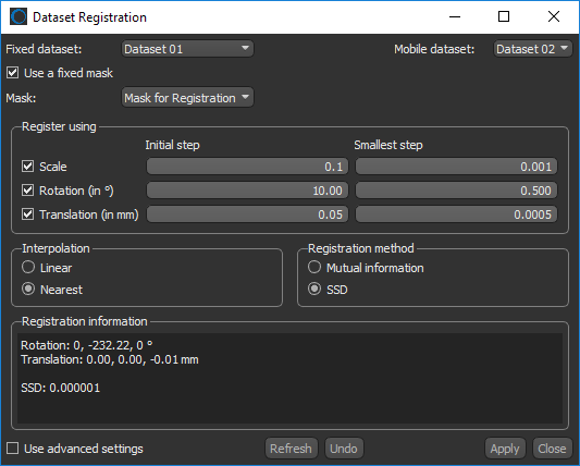 Dataset Registration dialog