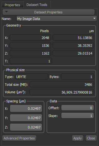 Dataset Properties panel