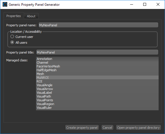 Generic Property Panel Generator dialog